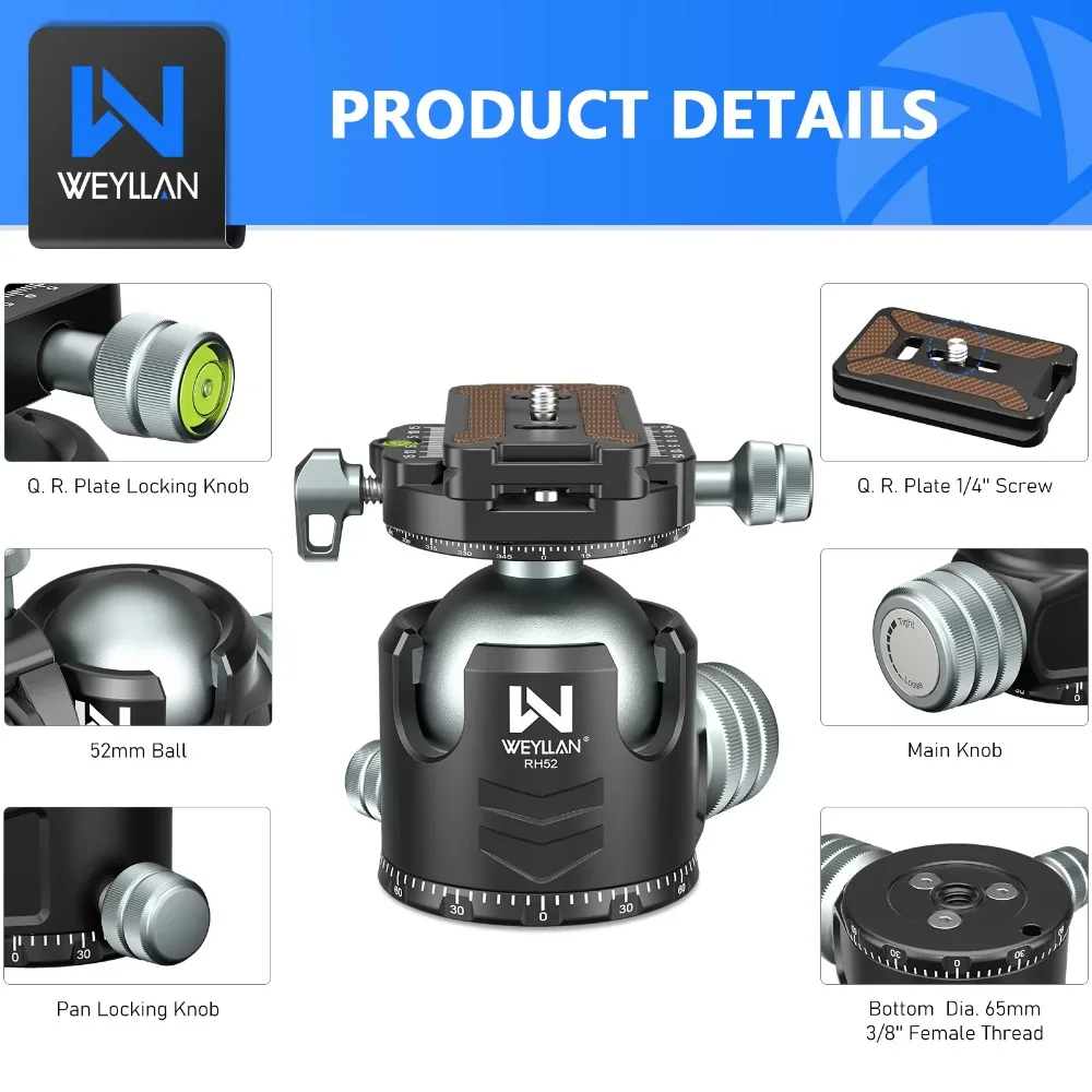 WEYLLAN RH52 Double Panorama Ball Head Full CNC 52mm Big Heavy Duty Tripod Head Max Load 66.1lbs/30kg for Tripod Monopod Camera