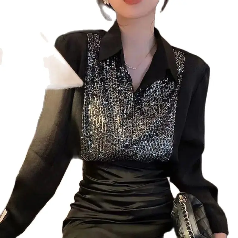 Shirts High Quality French Elegant Women Sequins Fashion Simple All-Match Leisure Tender Loose Design Cozy Turn-Down Collar Tops