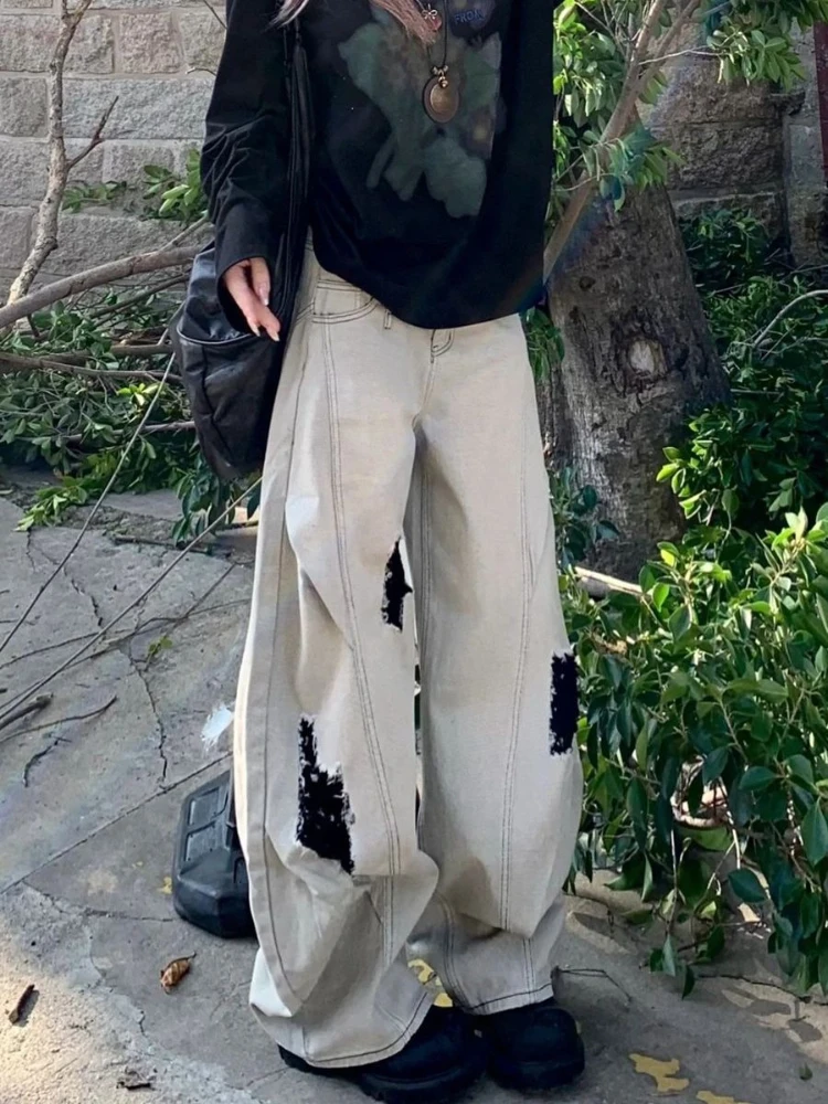 

Deeptown винтажные женские рваные джинсы в стиле гранж с широкими штанинами и высокой талией, джинсовые брюки в американском стиле, мешковатые прямые брюки, повседневные