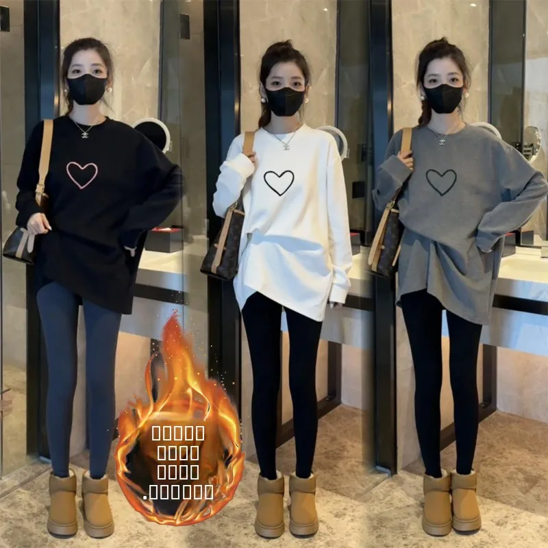 

Thiened Fce Long Sve T-irt Women's Loose Fit round Ne Print Love Letter Design Autumn Winter Faion Top