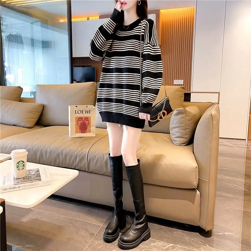 Autumn Winter Loose All-match Striped Knitted Pullovers Women's Clothing Fashion Casual Long Sleeve Korean Knitted Pullovers