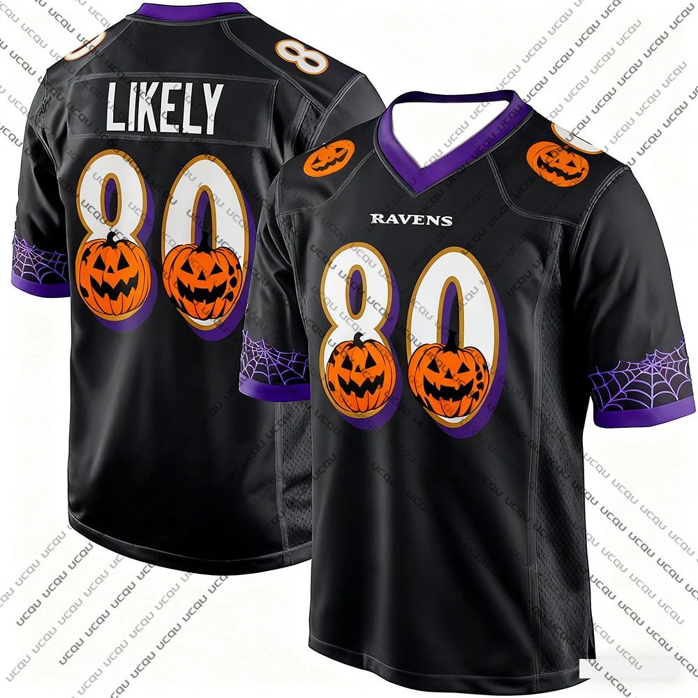 2025 هالوين الكبار الجاموس كرة القدم الأمريكية جيرسي الرجبي جيرسي ملابس رياضية التدريب جيرسي تي شيرت الغربان OWEH 99 رقم