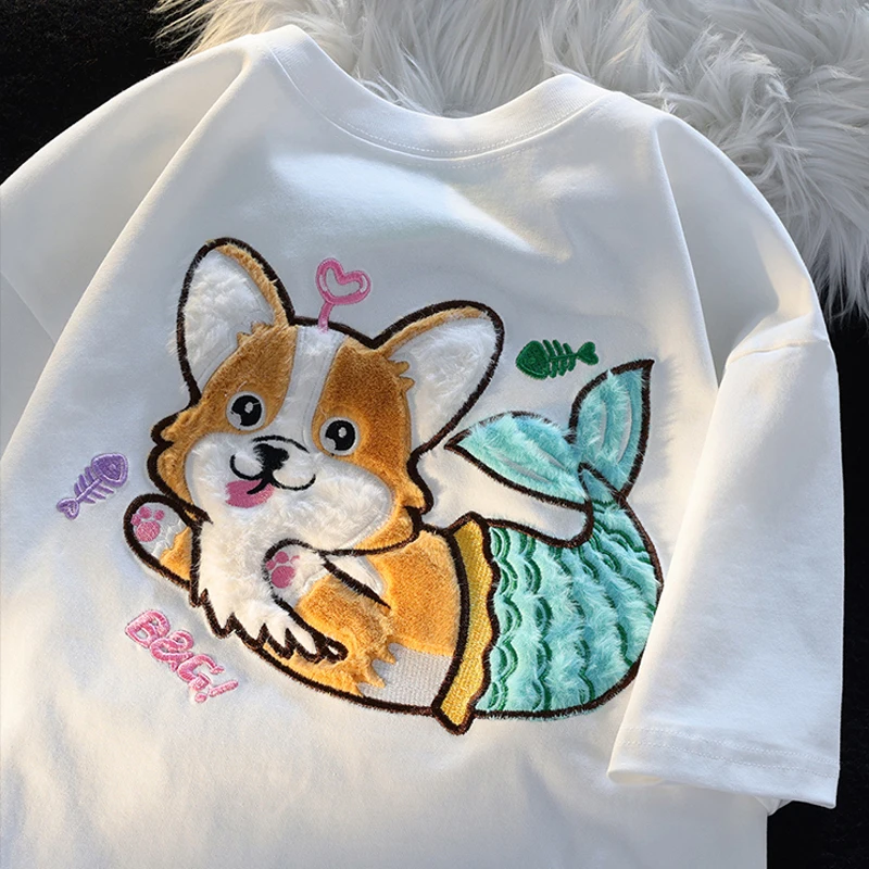 

Cartoon Flocking Cute Pet Corgi Dog Embroidered Short Sleeve T-shirt for Men and Women Summer Versatile Loose Couple T-shirt