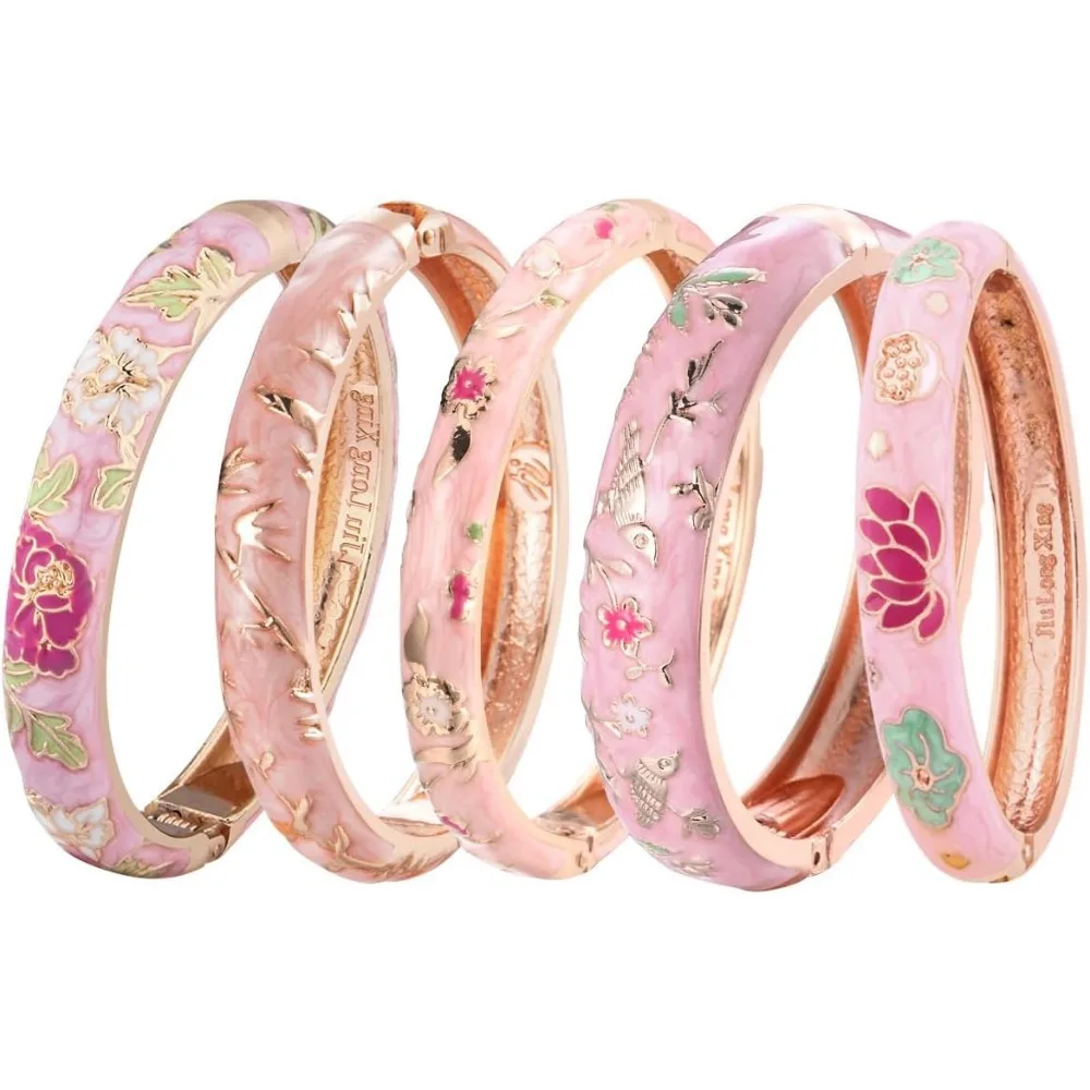 Enamel Jewelry Set with Rose Flower Engraved Bracelets, Pack of 5