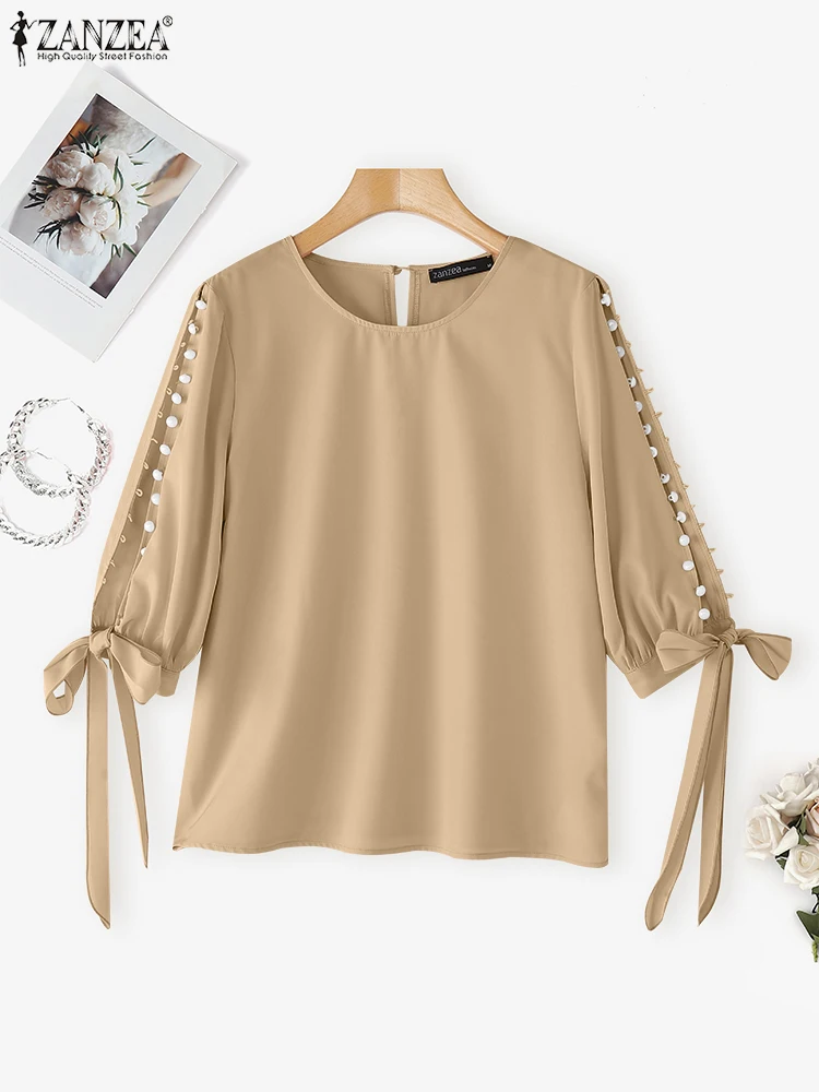 

ZANZEA, элегантная блузка с бантом, повседневные свободные топы, 2021, женская мода, блузка с круглым вырезом и рукавами-фонариками, офисная туника большого размера