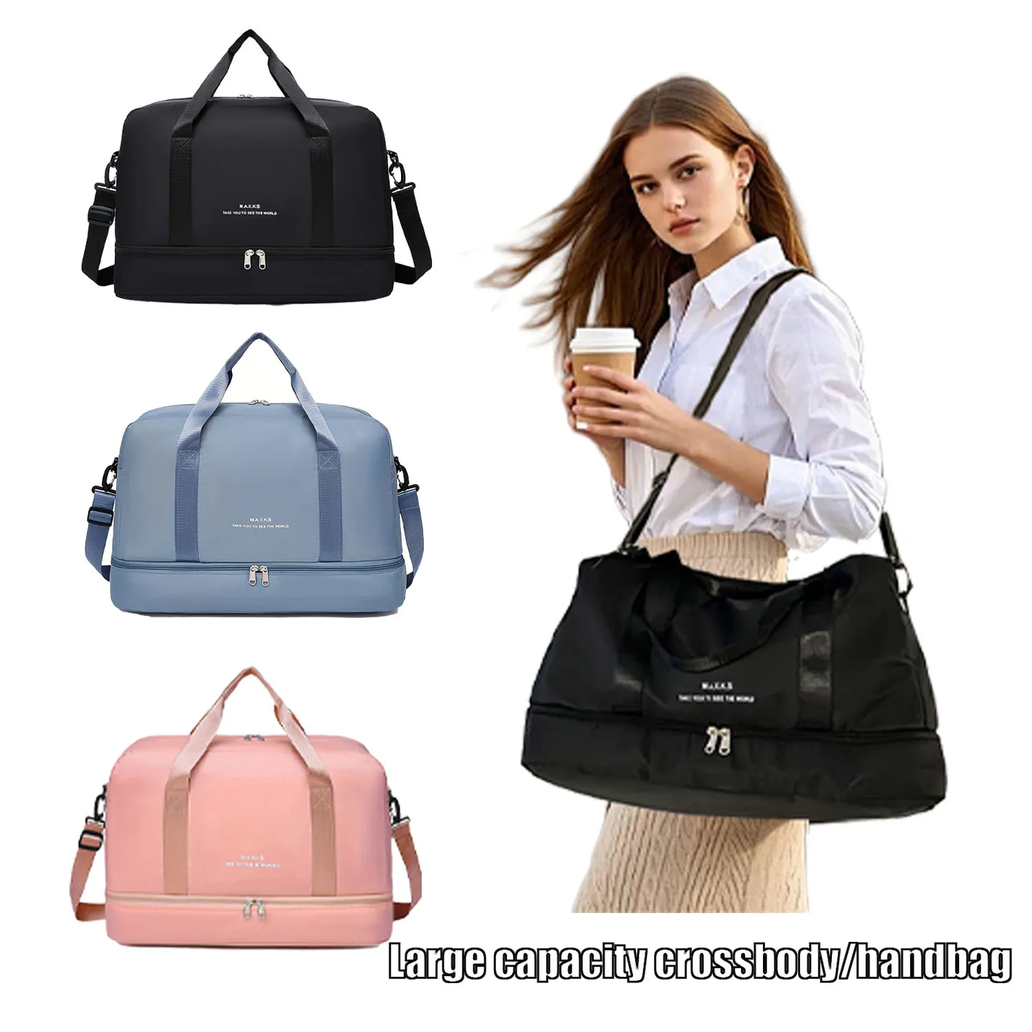 Large Capacity Travel Duffel Bag, Stylish Luggage Sleeve, Separate Shoe Compartment, Handheld and Crossbody Carry Bag