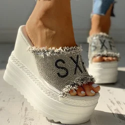 Kristallen Wiggen Hoge Hakken Slippers Leisure Zomer Sandaal Vrouw Schoenen Vrouwen Platform Muilezels Slippers Slip Op Buiten Pantuflas