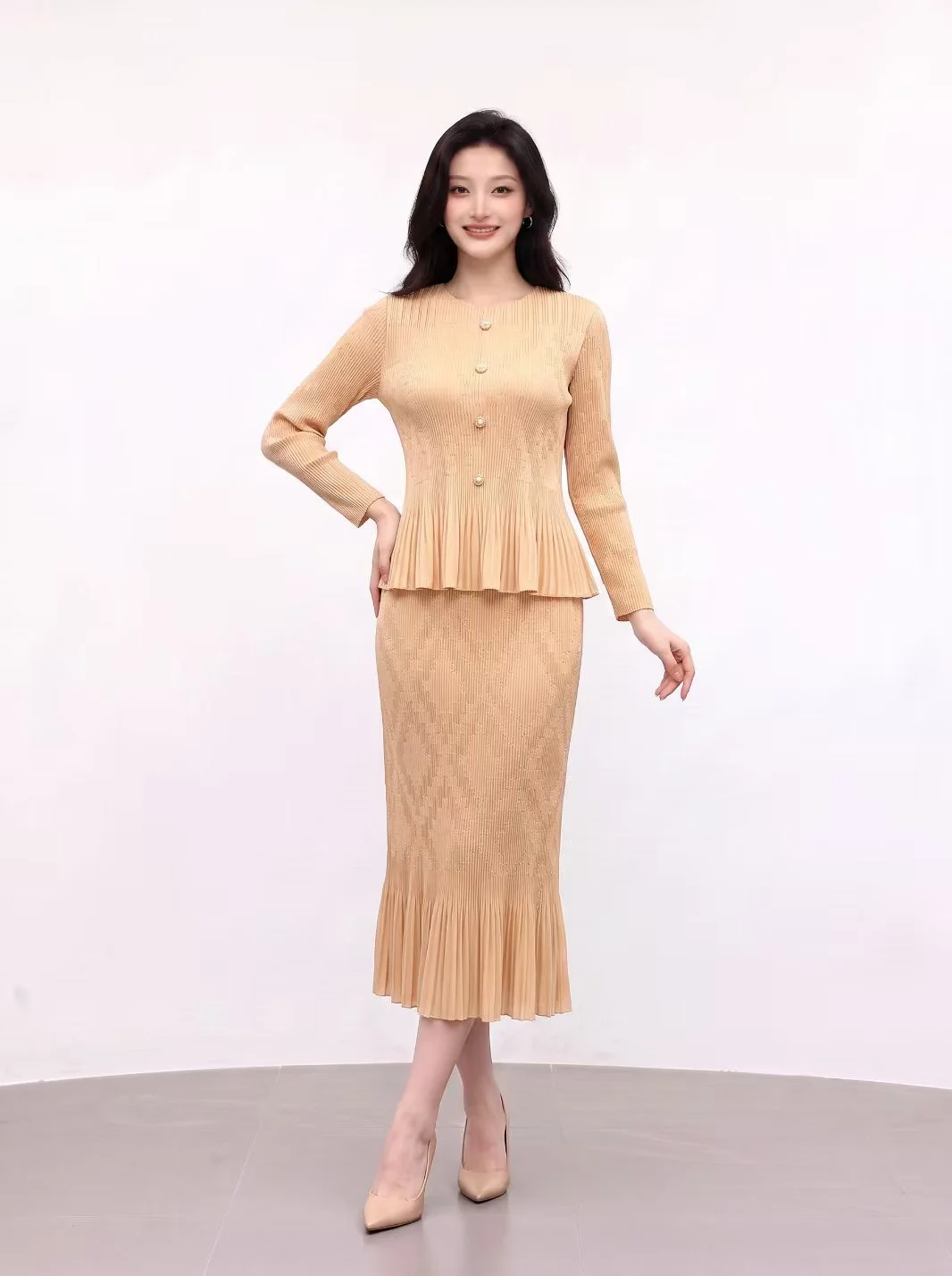 Miyake Pleated Luxury High‑end Plus Size Women Outfit High‑stretch Set Solid Color Top Elegant Fashion Mermaid Skirt Half Skirt
