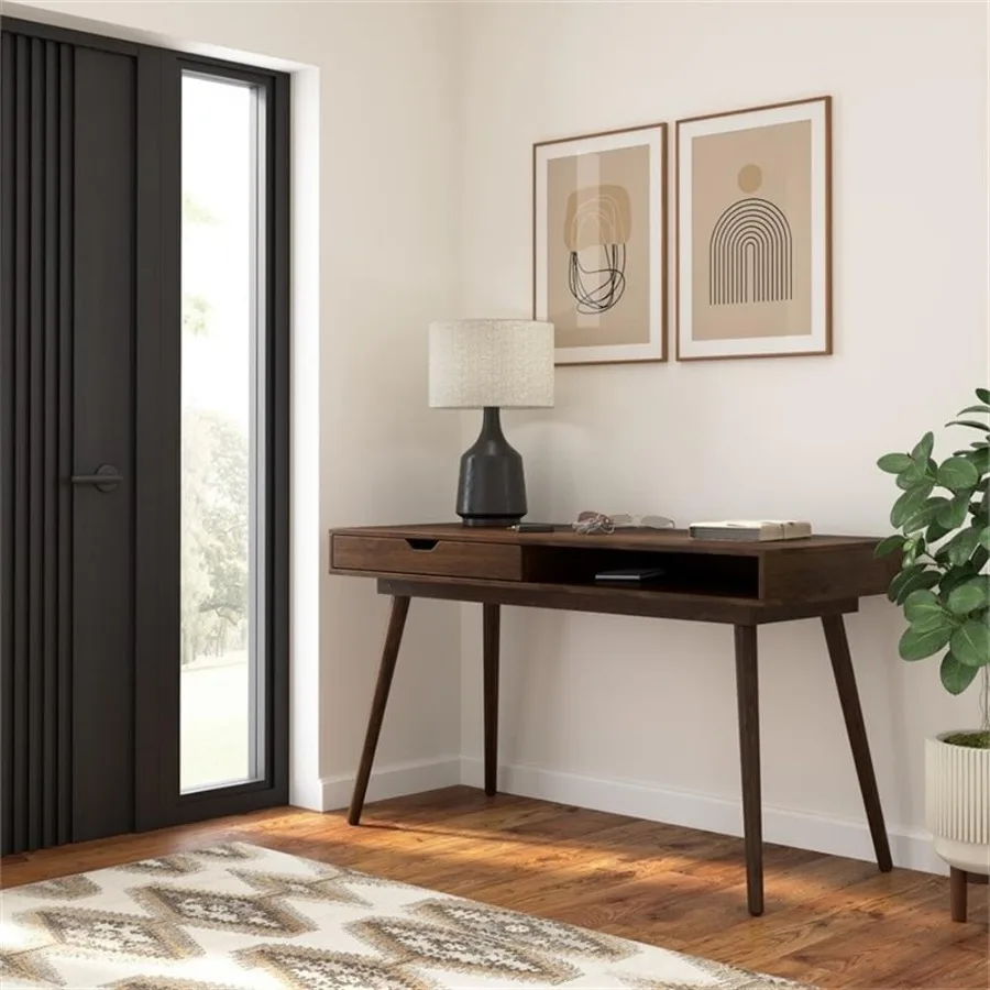 Bush Furniture Nora 54W Writing Desk in Dark Walnut Large Computer Table with Storage for Home Office Study Room or Entryway