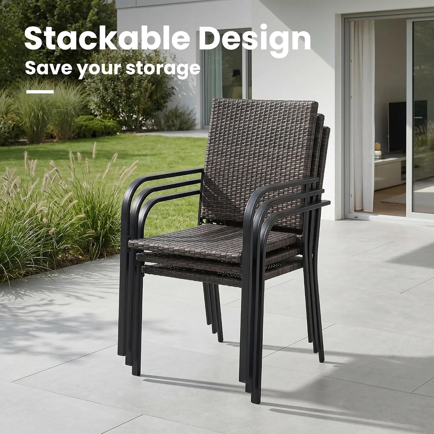 5-Piece Outdoor Dining Set, 4 Stackable Wicker Chairs & 40.6