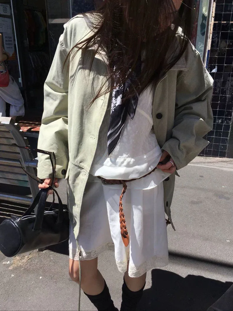 

Женская свободная куртка в корейском стиле на шнуровке, весна 2026, хлопок, длинный рукав, средней длины, на пуговицах, с накладными карманами