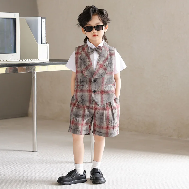 Vintage Plaid Boys Summer Vest Suit Shawl Lapel Waistcoat Shorts Shirt Bow Tie Kids Flower Boy Wedding Piano Performance Outfit