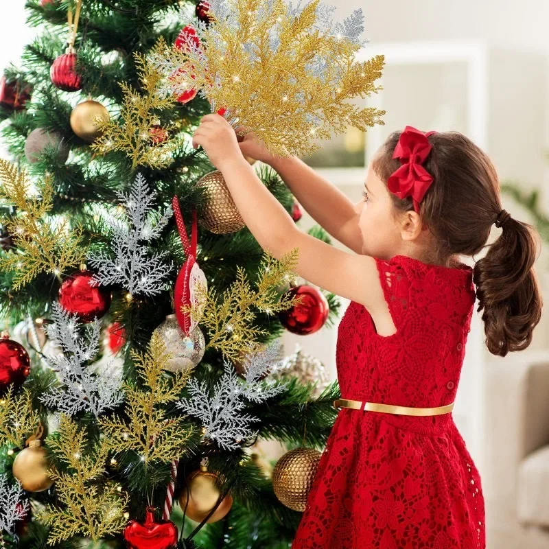 30/5Pcs Christmas Glitter Gold Silver Leaves Xmas Tree Decoration Pendant Artificial Plants Pine Branches Home New Year Ornament image 2