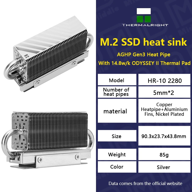 

Thermalright HR-10 2280 M.2 Solid State Drive AGHP Heat Pipe Heat Sink Radiator M.2 SSD Cooler Gasket with Thermal Silicone Pad