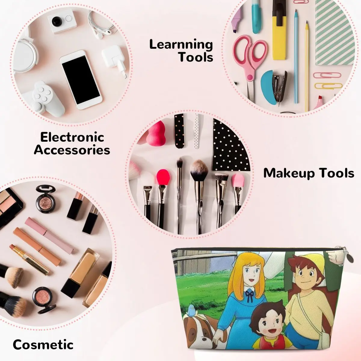 هايدي بيتر والجد عائلة جبال الألب أنيمي المرأة حقيبة مستحضرات التجميل السفر ماكياج المنظم الحقيبة أدوات تخزين أدوات الزينة