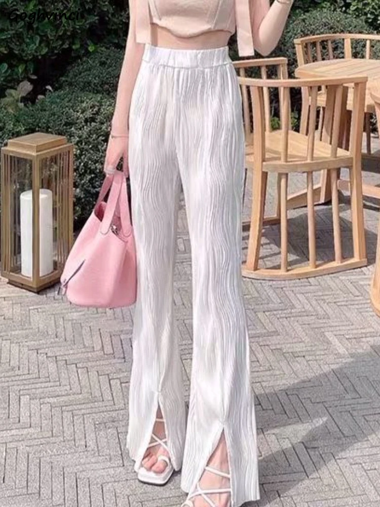 

Pants Women Slit Casual Folds High Waist Fashion Streetwear Temper Pure Thin Wide Leg Trousers Korean Style Females All-match