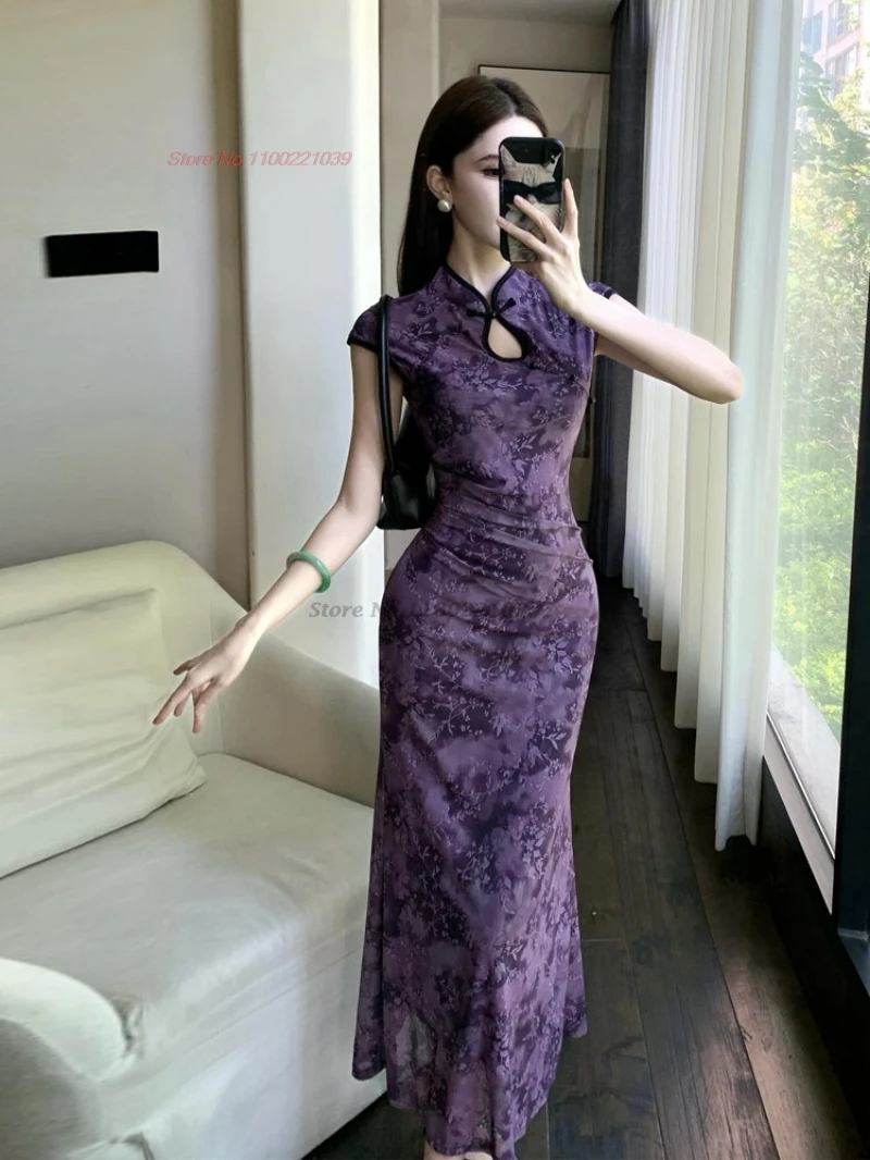 2026 chinese sexy qipao flower print sleeveless mesh cheongsam evening dress vintage banquet qipao nightclub fishtail dress