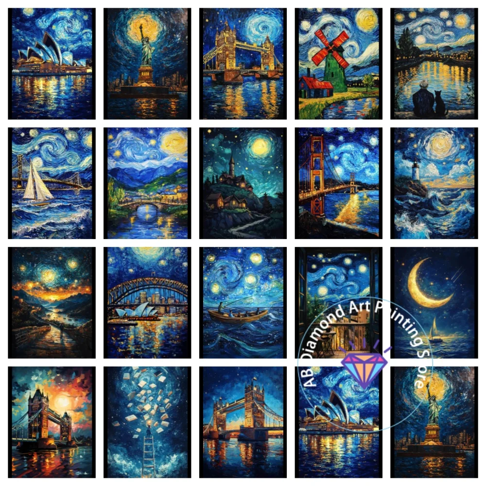 

Abstract Van Gogh Landscape AB Diamond Painting Kit Square Round Diamond 5D DIY London New York Night Mosaic Handmade Art Gift