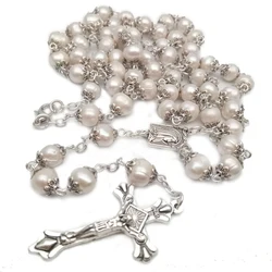 Vintage Pearl Bead Chain Christian Catholic Rosary Cross Rosary Pendant Necklace for Women Men Charm Religious Jewelry Gifts