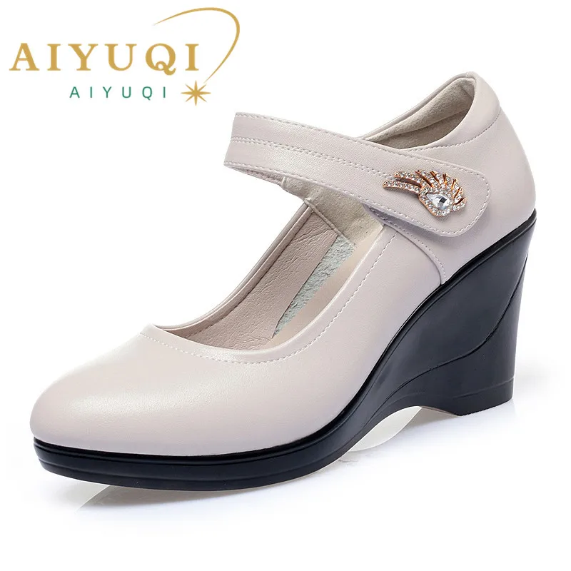 AIYUQI Women\'s Shoes Platform Wedge 2024 New Women\'s Autumn Shoes High Heel Fashion Mid-aged Shallow Mouth Mother Shoes