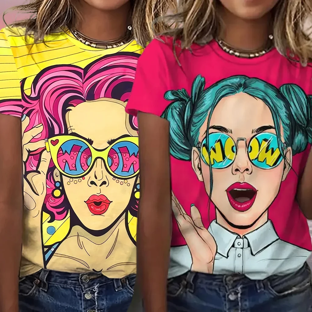 

Новая модная женская футболка с принтом персонажей мультфильма Harajuku, ретро футболка с короткими рукавами, забавный топ с круглым вырезом, топ больших размеров