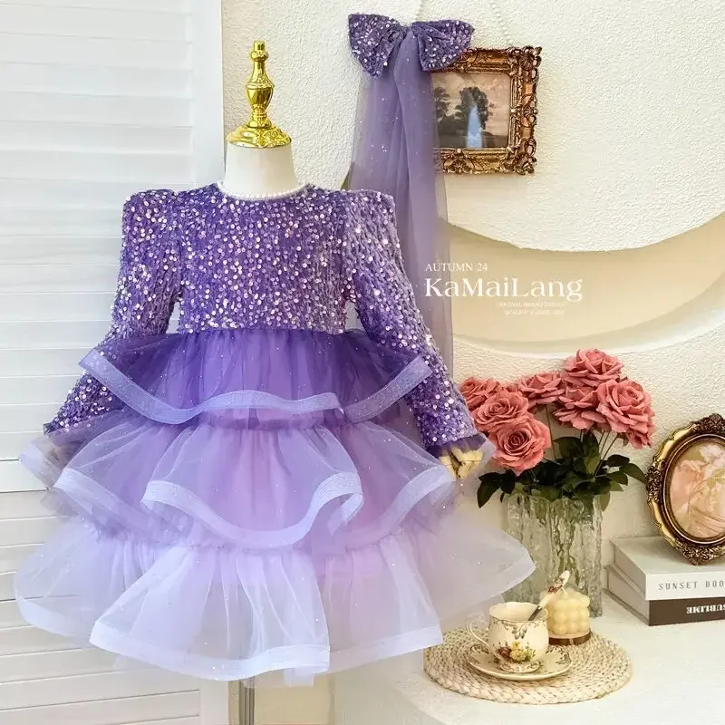 

2026 New Girls' Dress Spring and Autumn Fashion Children's Cake Skirt Glitter Dress Dress Baby Long Sleeve Princess Dress 2-7Y