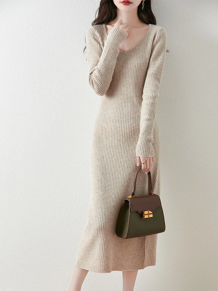 Jurken Herfst Winter Dames Sweetheart Hals Trui 100% Merinowol Truien Grace Casual Lange Trui Effen Kleur Lui 2025