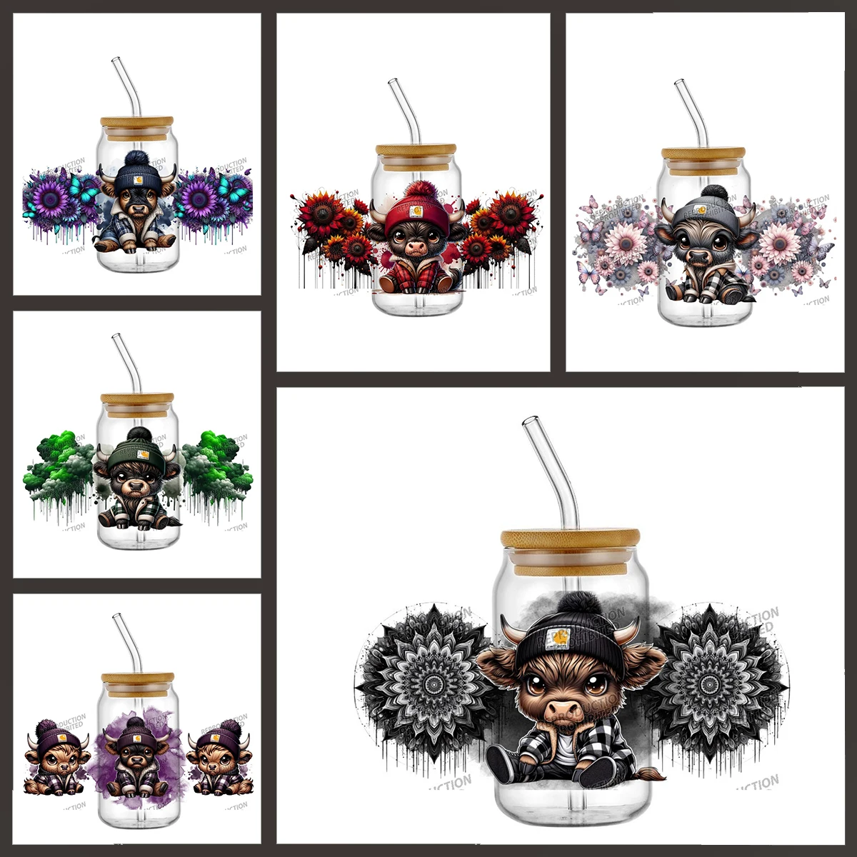 

Carhartt Style Highland Cow UVDTF Cup Wrap Stickers for 16oz Libbey Glasses Cold Transfer Vinyl Decals for Mugs