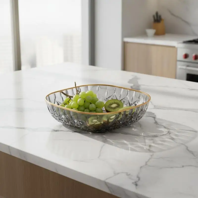 Crystal Fruit Bowl Elegant Gold Rim Diamond Cut Texture Shatter Resistant for Daily Fruit Snack Vegetable Serving Use