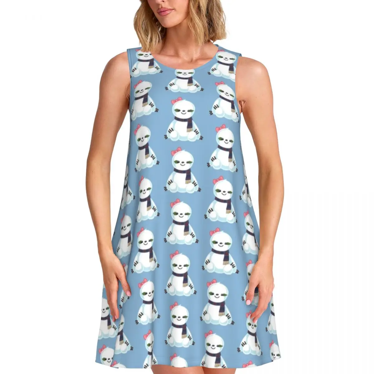 Snow Sloth Casual Dress Funny Animal Pinrt Street Style Dresses Sleeveless Cute Dress Hot Sale Crew Neck Women Print Vestido