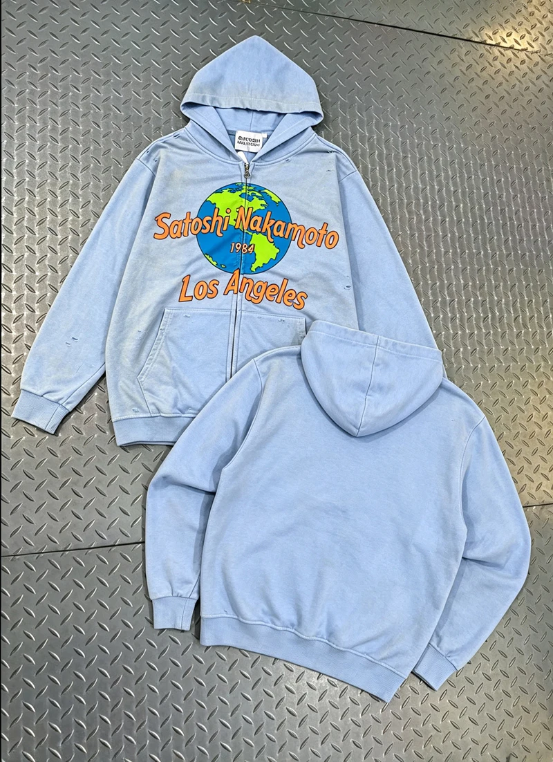 Amerikanischer Vintage-Hoodie mit Reißverschluss für Herren, gewaschen und abgenutzt, Destroyed-Look, Grafik-Hoodie, Oversize-Streetwear – Detail 4