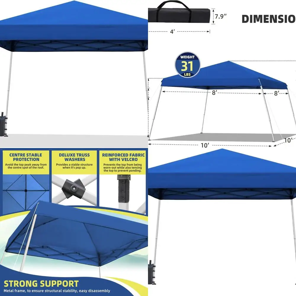 

Quick Setup 10x10 Slant Leg Canopy for Outdoor Events, Beach, Sports - Portable Shelter with 8x8 Top in Blue