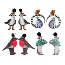 New Lovely Magpie Cowboy Duck Wooden Earrings for Women Cute Cartooon Birds Monkey Animals Drop Earring Funny Jewelry Gifts