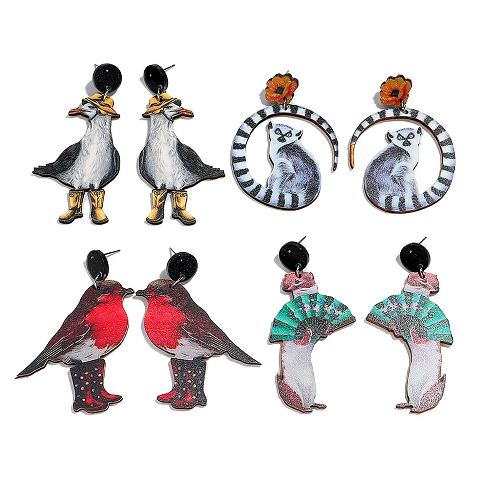 New Lovely Magpie Cowboy Duck Wooden Earrings for Women Cute Cartooon Birds Monkey Animals Drop Earring Funny Jewelry Gifts