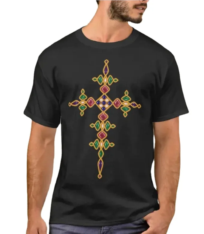 Traditional Ethiopian Jems and Gold Cross T-Shirt. Summer Cotton Short Sleeve O-Neck Mens T Shirt New S-3XL