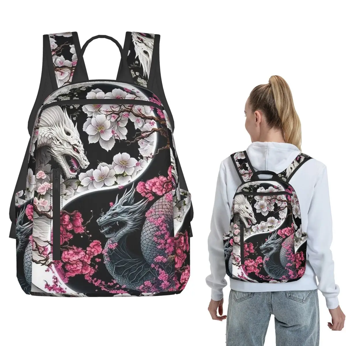 Yin Yang Dragon And Cherry Blossom Backpack Large Capacity Children BookBag School Bag Shoulder Bags for Men Women