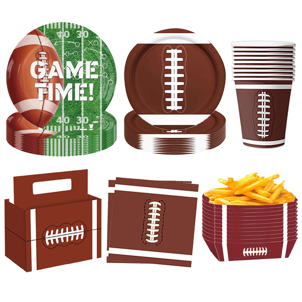 Vaisselle jetable pour fête de Football américain, assiettes, tasses, serviettes, boîte à cadeaux de collation, fournitures de décoration pour fête d'anniversaire de Sport Rugby