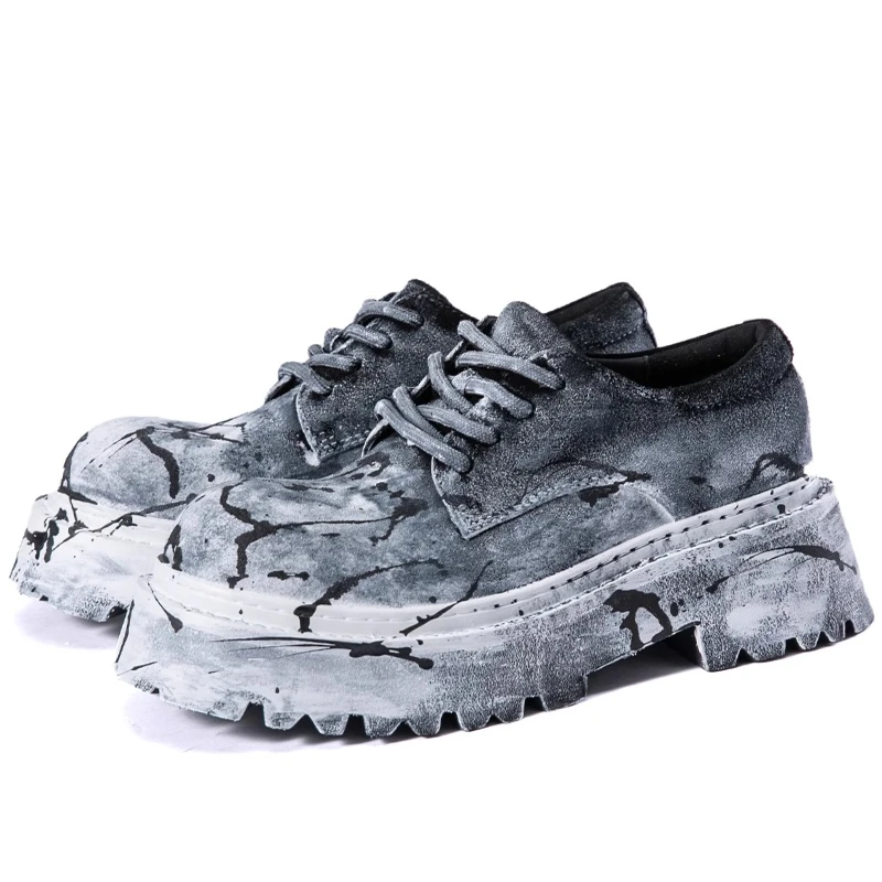 

Europe/American Graffiti Splash Ink Derby Shoes for Men's Wide Version Original Design Casual Thick Bottom Heightening Shoes Man