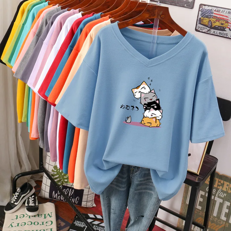 Plus Größe 200 Pou Reine Baumwolle ort Sve T-shirt frauen Lose V-ausschnitt Koreanische Sle Sommer Kleidung Abnehmen Bauch Abdeckung