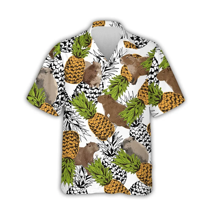 2024 Kawaii Capybara Graphic Shirts For Men Clothing 3D Print Hawaiian Beach Shirt Short Sleeve Y2k Cute Kids Tops Lapel Blouse