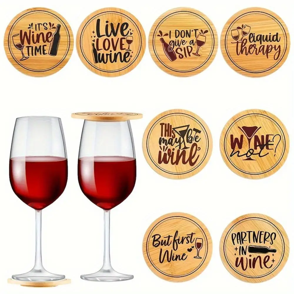 8pcs Tlpper Wooden Charcuterie Board Red Wine Glass Lid Coaster Home New Year Party Wedding Table Decoration Coaster