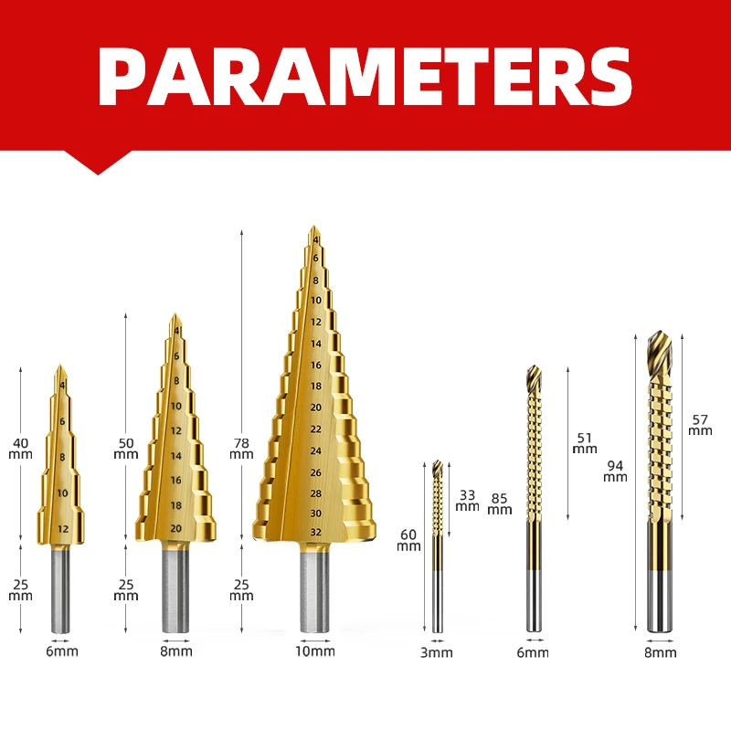 LIDIAO 6 Pcs Step Drill Bit Kit HHS M35 Cobalt-Containing Titanium Coating Metal Wood Hole Saw Drill Bit Hole Carbide Core Drill