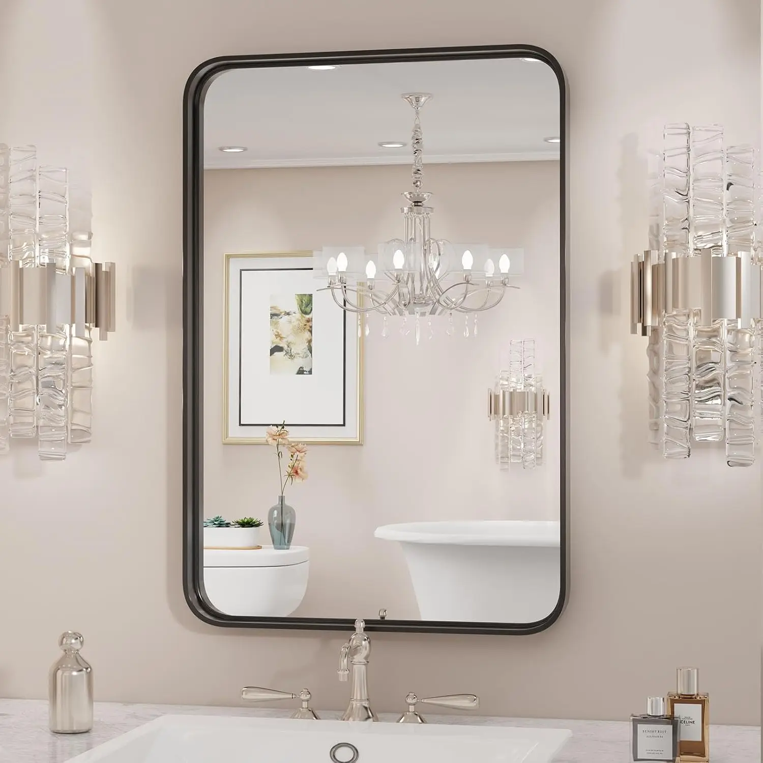 

30x22 Inch Black Metal Framed Bathroom Mirror Rounded Rectangle Wall Vanity Mirror Horizontal Vertical