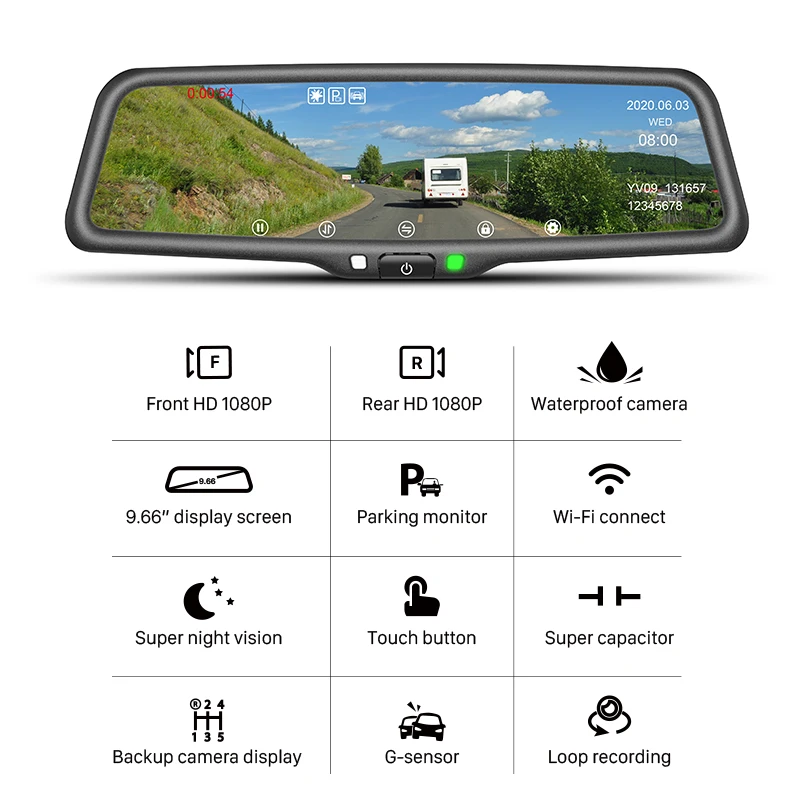 New Design 9.66Inch LCD Monitor High Brightness 1500Cd/M2 Car Dash Camera  Support 64GB Memory Card With Great Price