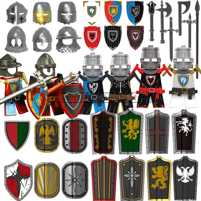 Bloc de construction MOC, figurine médiévale, armure de château, chevaliers templiers, soldats de la Militia, bouclier de Gunners, casque à assembler, jouets en brique N10