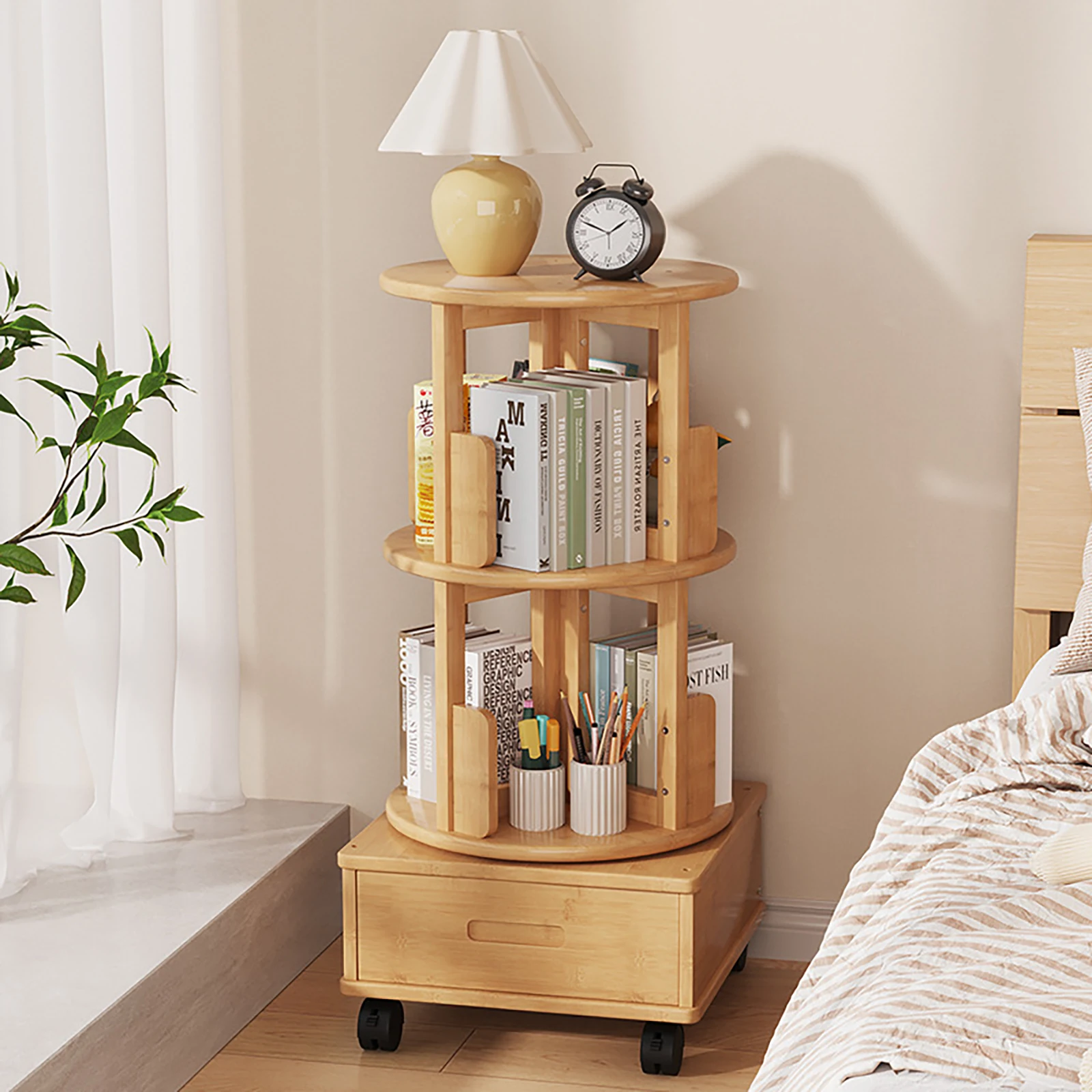 2-Tier Swivel Bookcase Bedside Table with Rolling Wheels Wood Storage Bookcase Drawer Bedroom Furniture