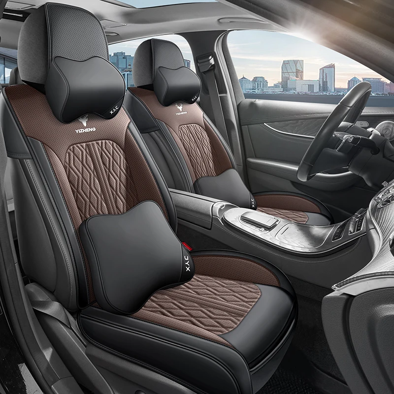 (Luxury Edition) Front 2 Seats, Equipped with 2 Soft Headrests and 2 Comfortable Lumbar Supports, High-Quality Pu Leather Full-Cover Car Seat Covers, Universal Fit, Breathable and Not Stuffy, Suitable for All Seasons, Fits the Seat Well, Non-Slip and Won'T Shift, 3D Side Support, Enhances Your Driving Experience, Available in Five Colors, Suitable for Various Models Such as Sedans, Suvs, Trucks