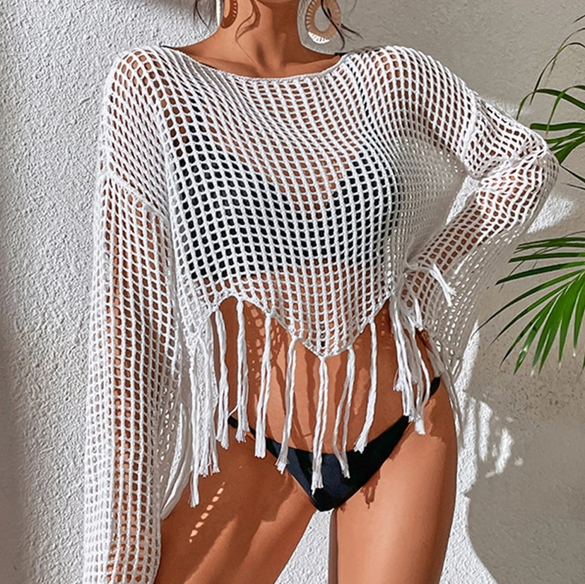 

Yiiciovy Women's Beachwear Bikini Cover-Up Sexy Crocheted Hollow Out Cover-Ups Top Solid Color Flared Long Sleeve Tassel Tops