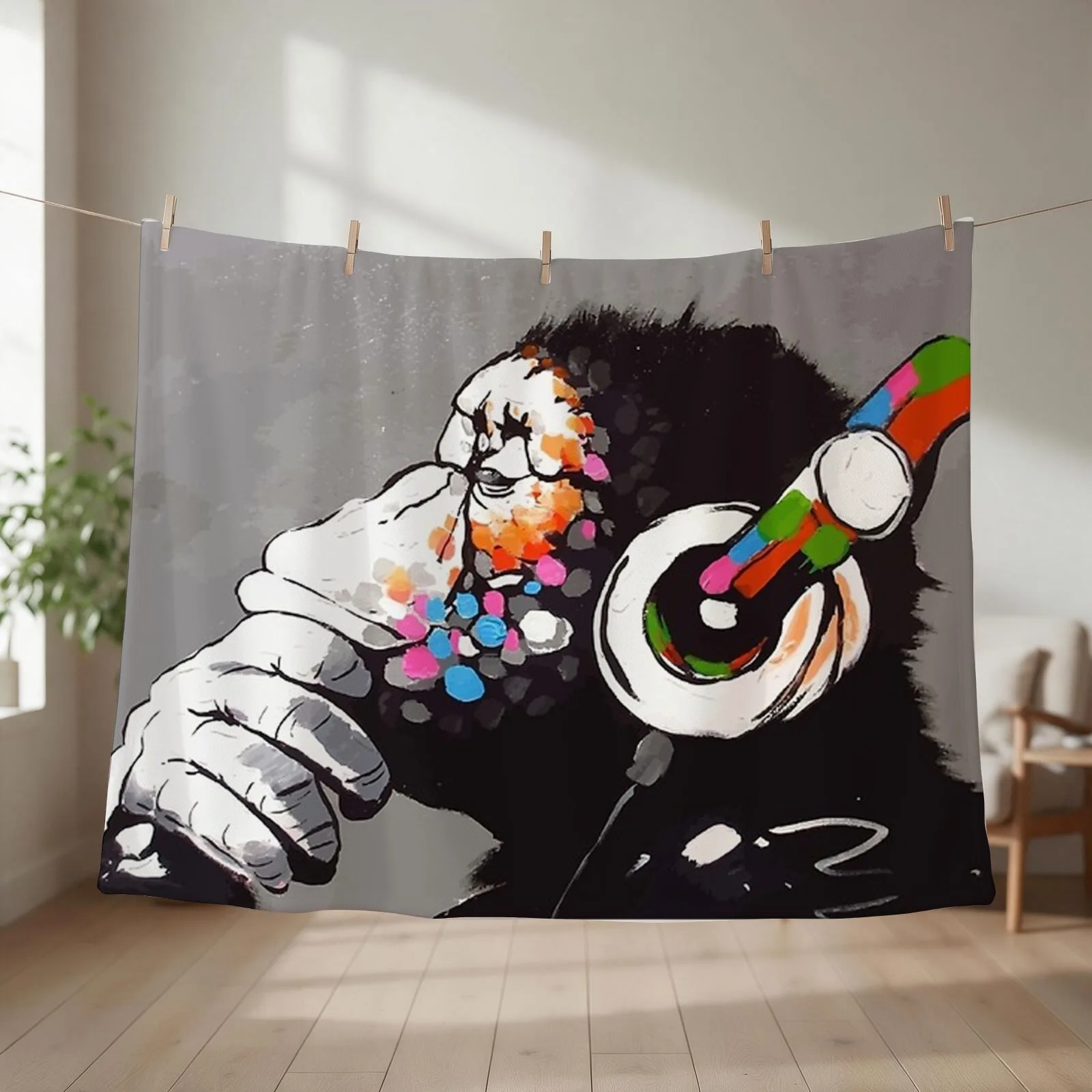 Banksy DJ Monkey Thinker with Headphones Throw Blanket couch cozy soft plush fuzzy picnic outdoor blanket