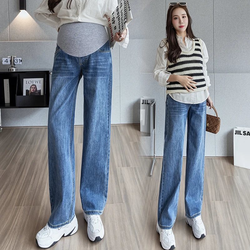 

Slim Fit Loose Straight Denim Jeans for Maternity Spring Autumn Washed Belly Pants for Pregnant Women Pregnancy Y2k Pregnancy